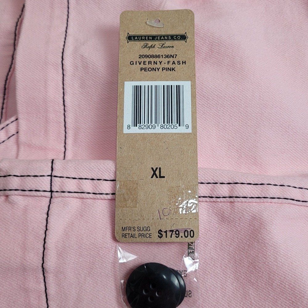 🌸NWT Lauren Jeans Co. Jacket Womens XL Peony Pink Denim Double Breasted Belted - Picture 10 of 16